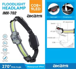 Linterna frontal Akami IMX-702 recargable – 9 LED 3W + panel LED – 600 lúmenes – Enfoque rápido y giro 60° – Alcance 140 m