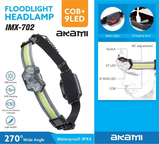 Linterna frontal Akami IMX-702 recargable – 9 LED 3W + panel LED – 600 lúmenes – Enfoque rápido y giro 60° – Alcance 140 m