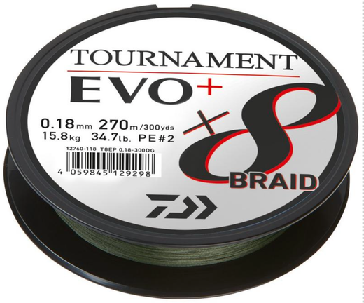 Trenzado Daiwa Tournament 8 Braid EVO+ Verde 270 m – Revestimiento de teflón – Alta resistencia y suavidad en el lance